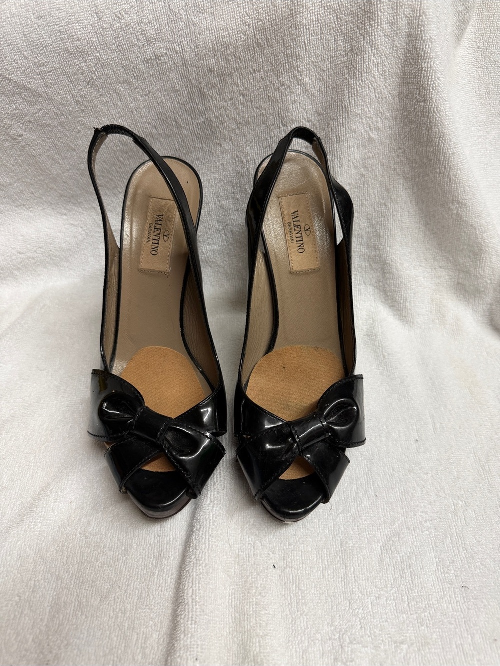 Valentino Black Patent Leather Bow Peep-Toe Slingback Heels